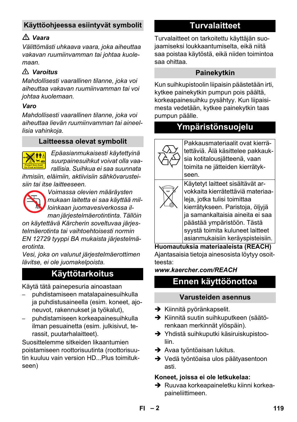 Käyttötarkoitus turvalaitteet, Ympäristönsuojelu, Ennen käyttöönottoa | Karcher HD 5-12 C User Manual | Page 119 / 340