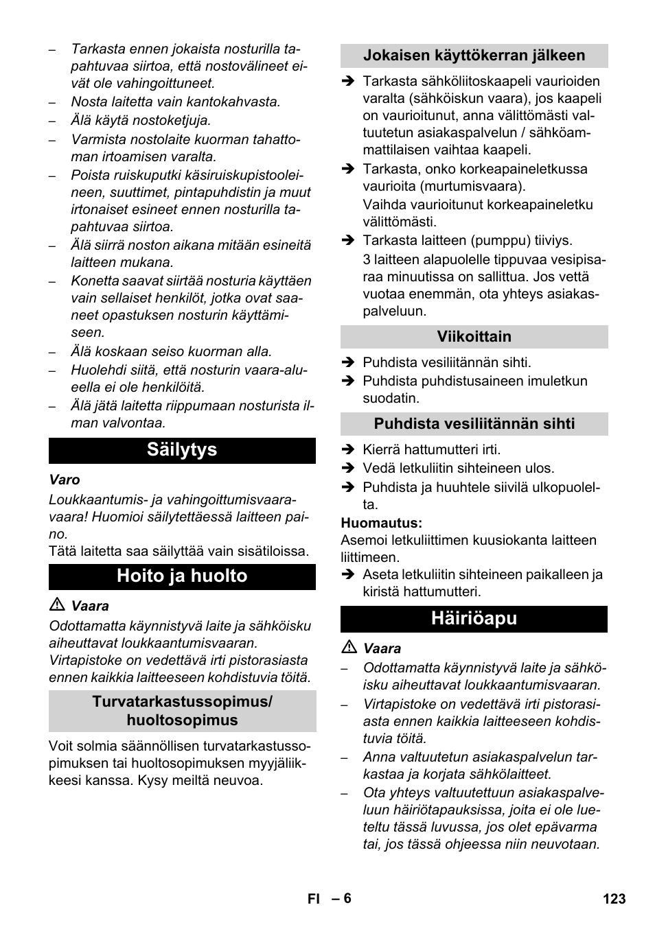 Säilytys hoito ja huolto, Häiriöapu | Karcher HD 5-12 C User Manual | Page 123 / 340