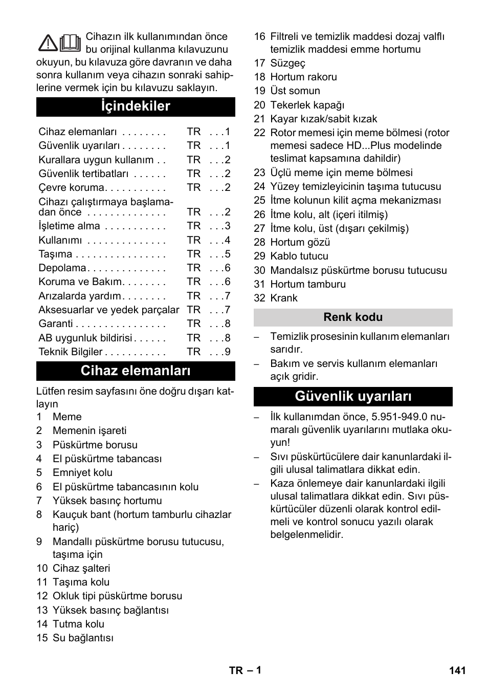 Türkçe, Içindekiler, Cihaz elemanları | Güvenlik uyarıları | Karcher HD 5-12 C User Manual | Page 141 / 340