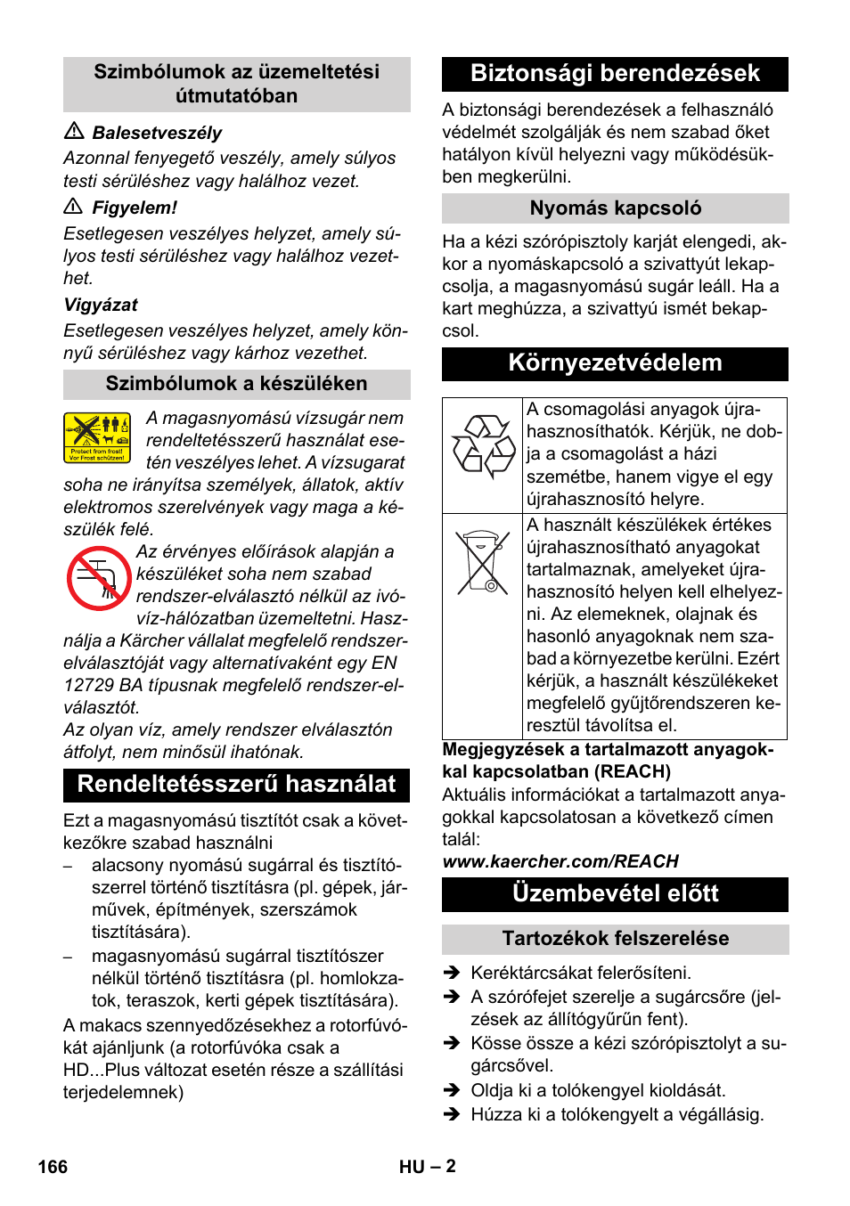 Rendeltetésszerű használat biztonsági berendezések, Környezetvédelem, Üzembevétel előtt | Karcher HD 5-12 C User Manual | Page 166 / 340