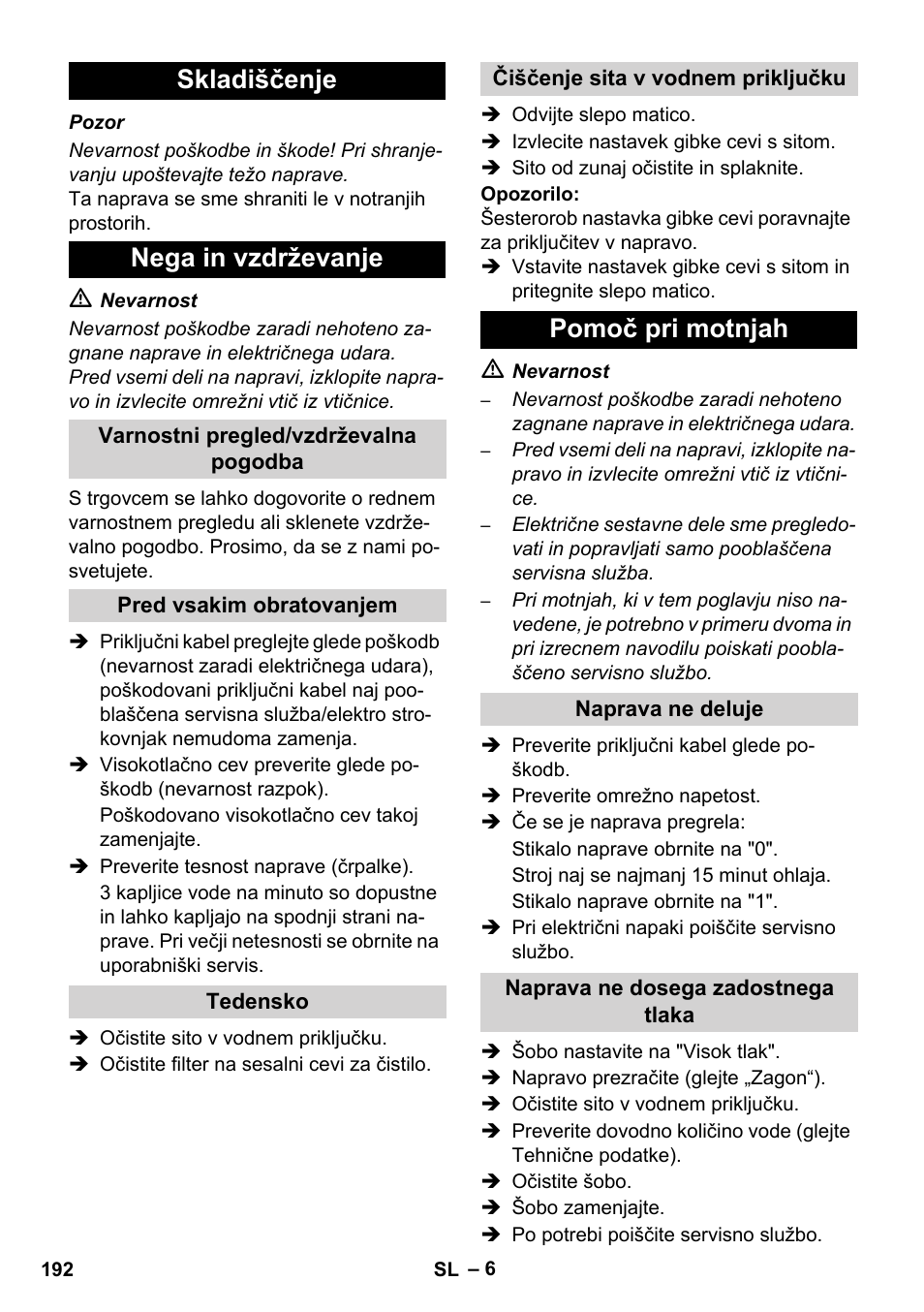 Skladiščenje nega in vzdrževanje, Pomoč pri motnjah | Karcher HD 5-12 C User Manual | Page 192 / 340