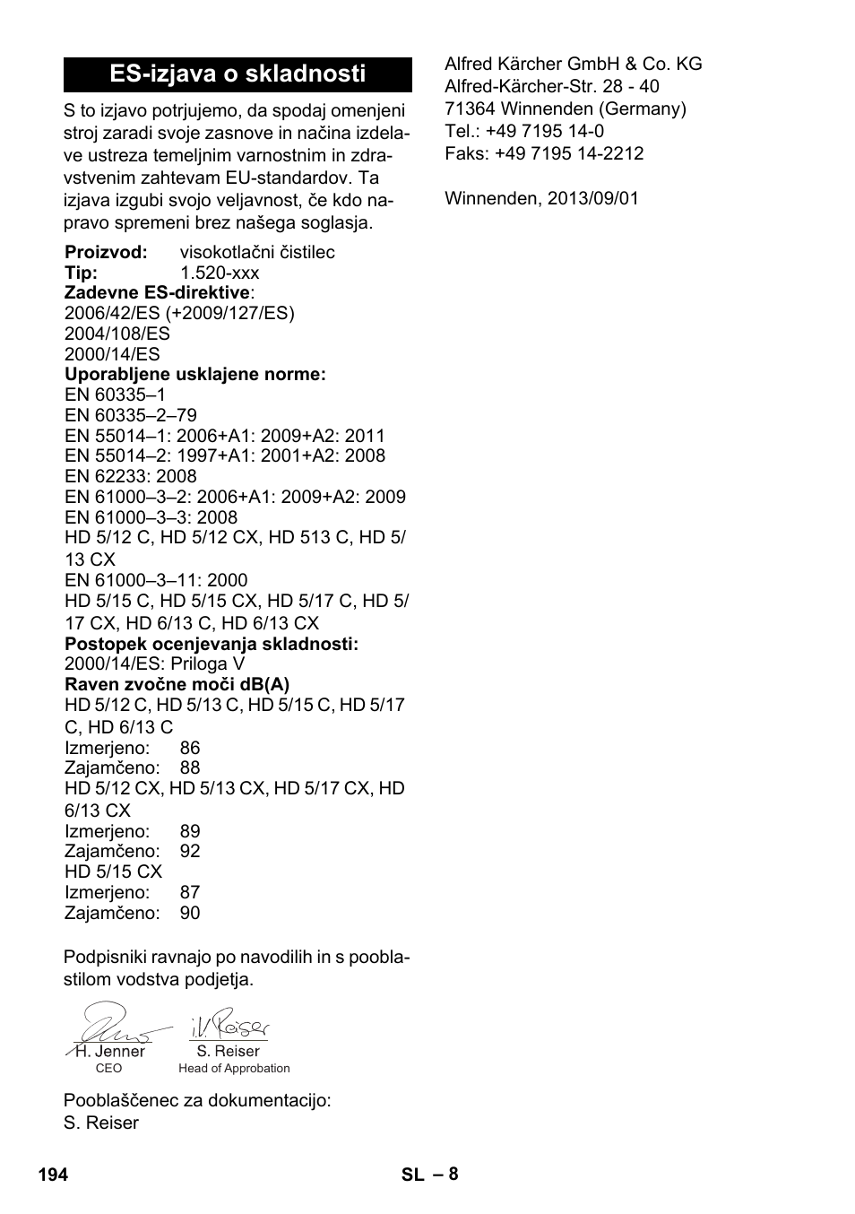 Es-izjava o skladnosti | Karcher HD 5-12 C User Manual | Page 194 / 340