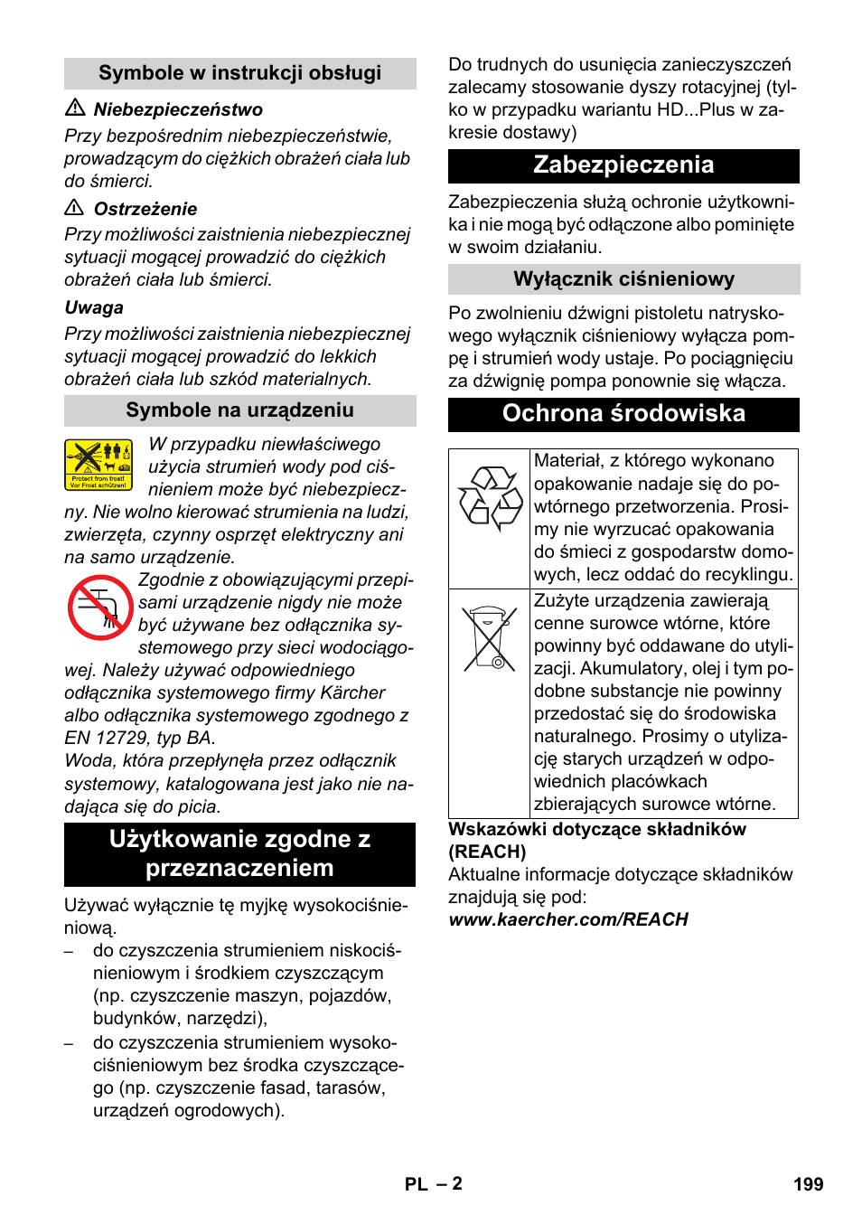 Użytkowanie zgodne z przeznaczeniem zabezpieczenia, Ochrona środowiska | Karcher HD 5-12 C User Manual | Page 199 / 340