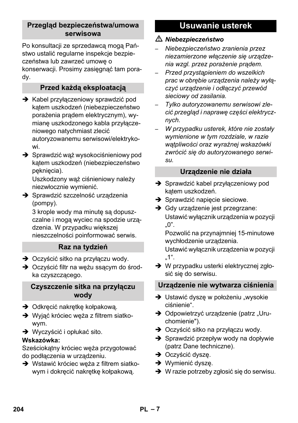 Usuwanie usterek | Karcher HD 5-12 C User Manual | Page 204 / 340