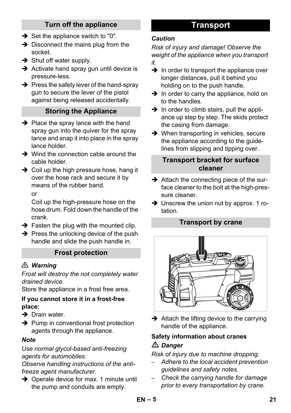 Transport | Karcher HD 5-12 C User Manual | Page 21 / 340