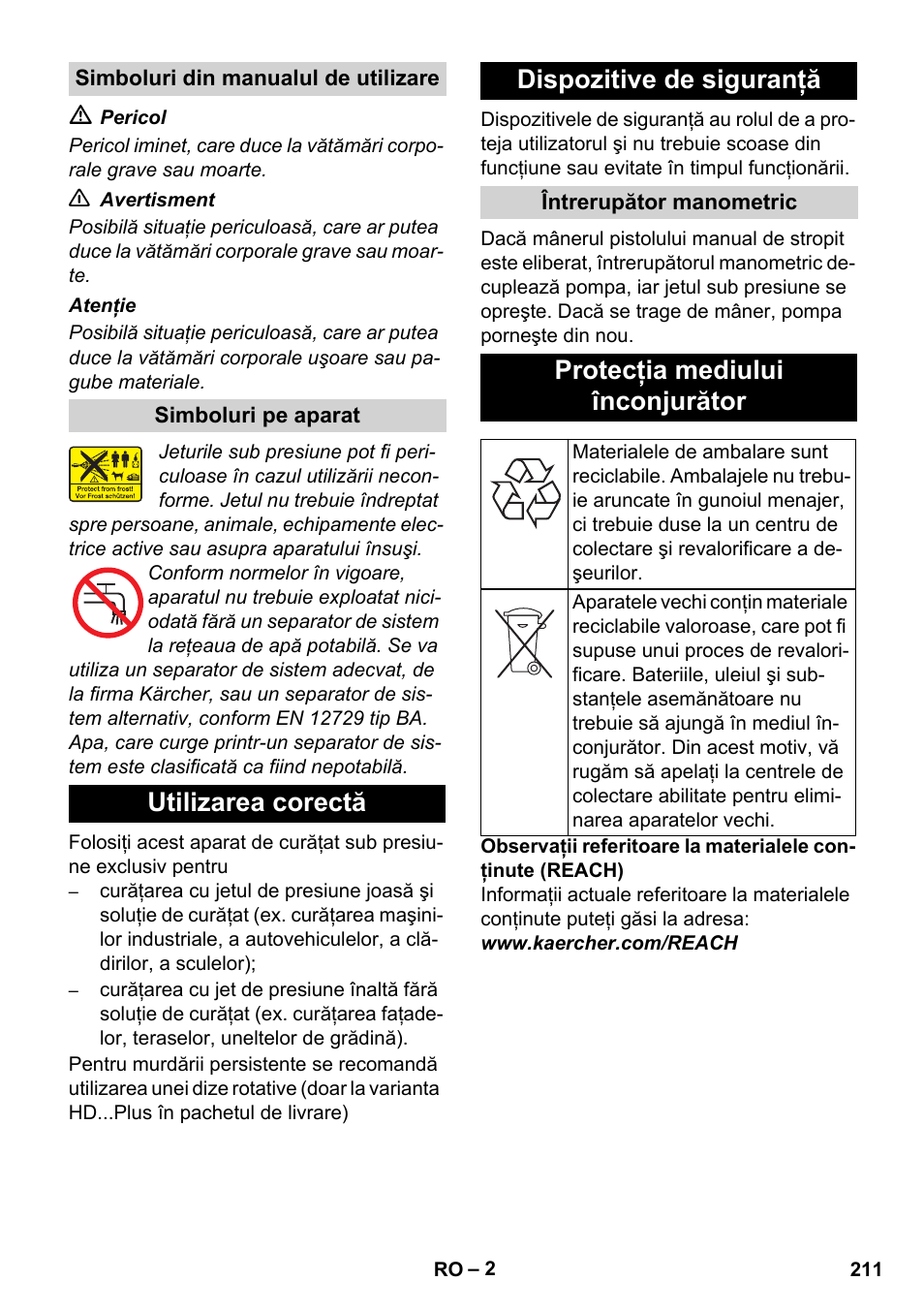 Utilizarea corectă dispozitive de siguranţă, Protecţia mediului înconjurător | Karcher HD 5-12 C User Manual | Page 211 / 340