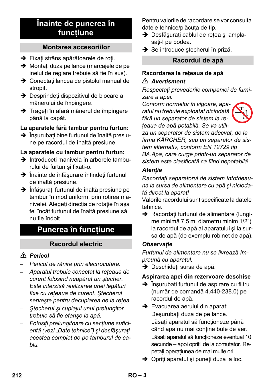 Înainte de punerea în funcţiune, Punerea în funcţiune | Karcher HD 5-12 C User Manual | Page 212 / 340