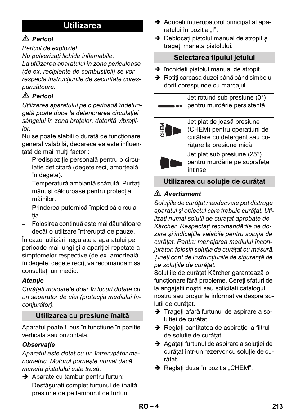 Utilizarea | Karcher HD 5-12 C User Manual | Page 213 / 340