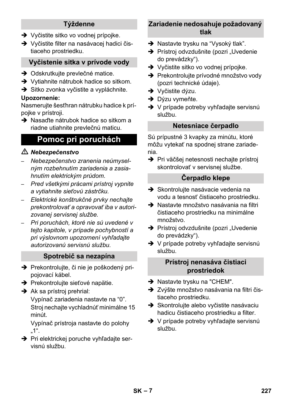 Pomoc pri poruchách | Karcher HD 5-12 C User Manual | Page 227 / 340