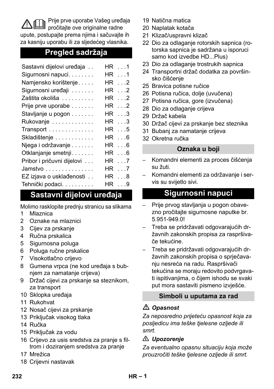 Hrvatski, Pregled sadržaja, Sastavni dijelovi uređaja | Sigurnosni napuci | Karcher HD 5-12 C User Manual | Page 232 / 340