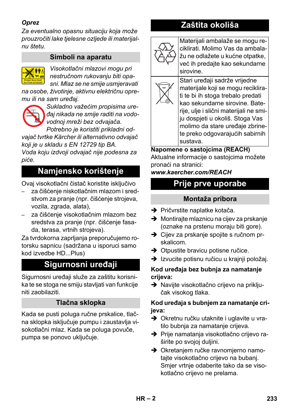 Namjensko korištenje sigurnosni uređaji, Zaštita okoliša, Prije prve uporabe | Karcher HD 5-12 C User Manual | Page 233 / 340