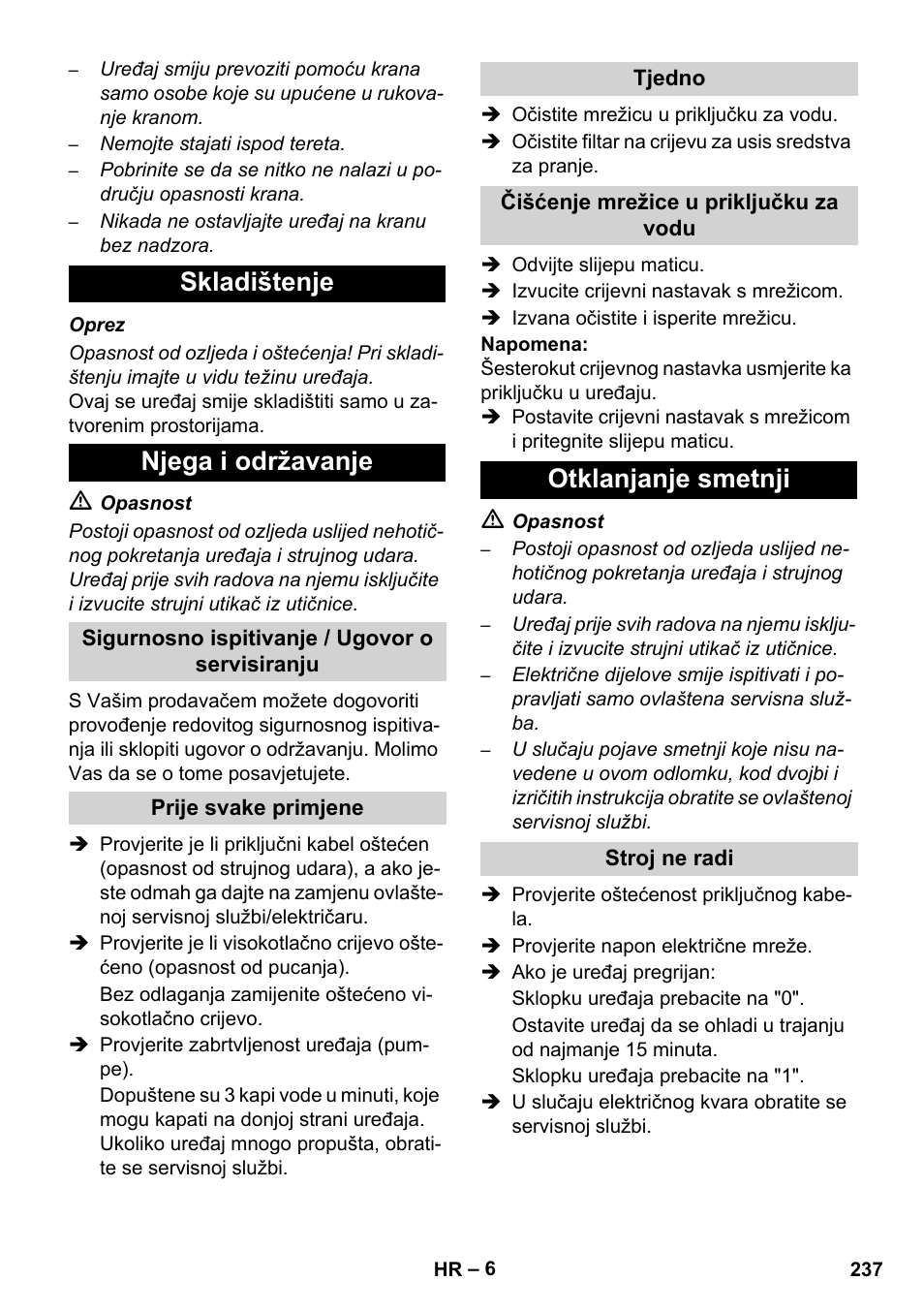 Skladištenje njega i održavanje, Otklanjanje smetnji | Karcher HD 5-12 C User Manual | Page 237 / 340