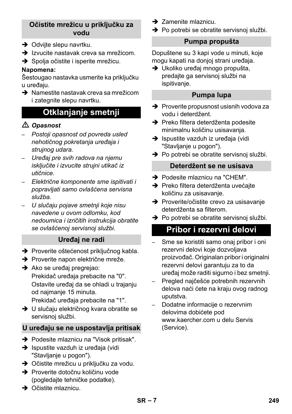 Otklanjanje smetnji, Pribor i rezervni delovi | Karcher HD 5-12 C User Manual | Page 249 / 340