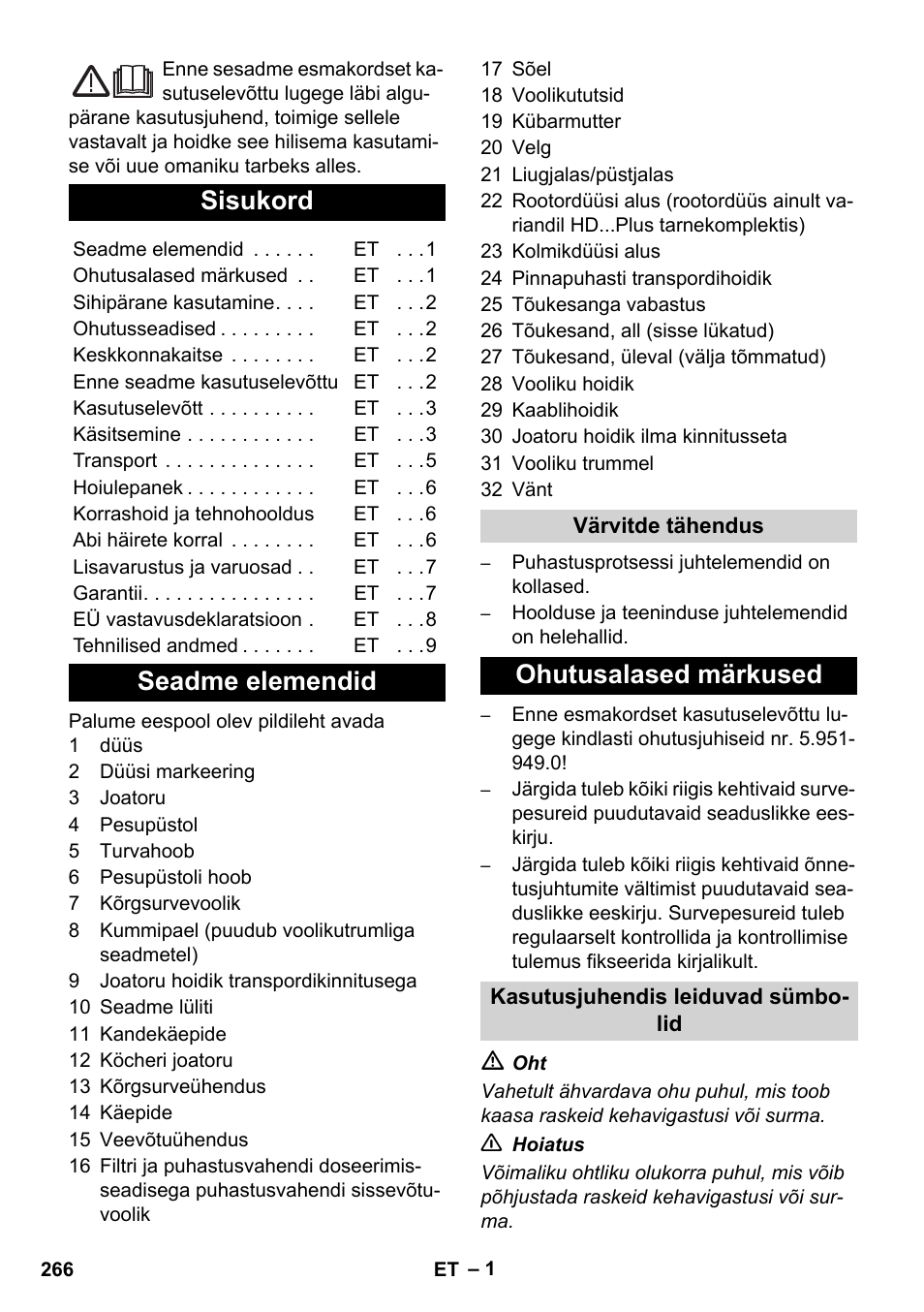 Eesti, Sisukord, Seadme elemendid | Ohutusalased märkused | Karcher HD 5-12 C User Manual | Page 266 / 340