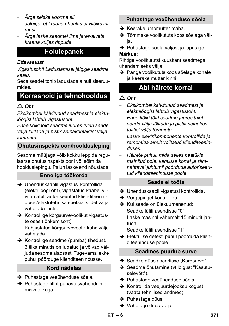 Hoiulepanek korrashoid ja tehnohooldus, Abi häirete korral | Karcher HD 5-12 C User Manual | Page 271 / 340