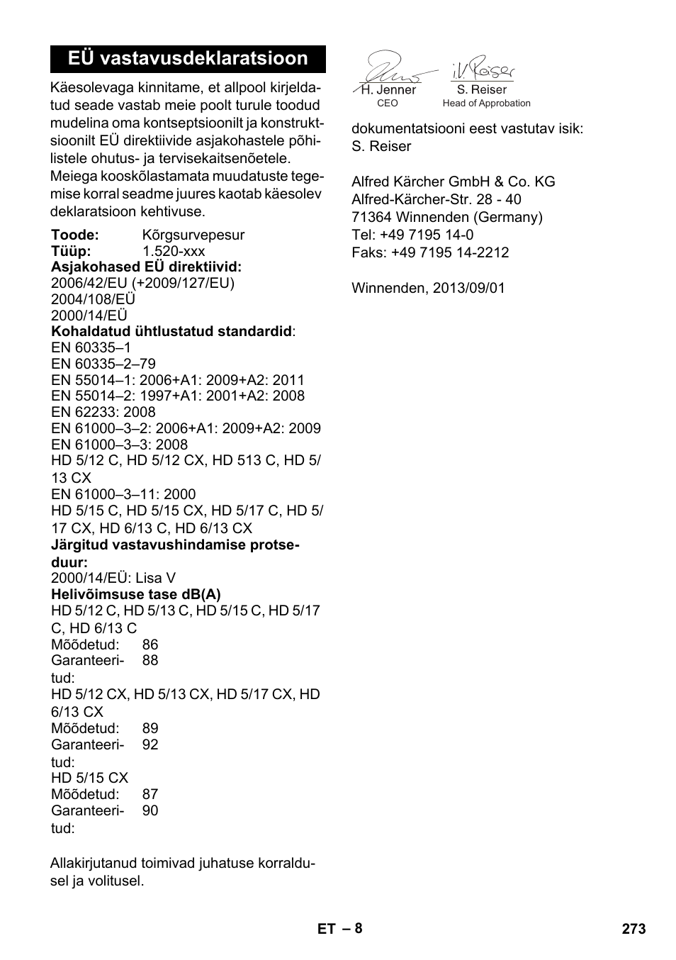 Eü vastavusdeklaratsioon | Karcher HD 5-12 C User Manual | Page 273 / 340