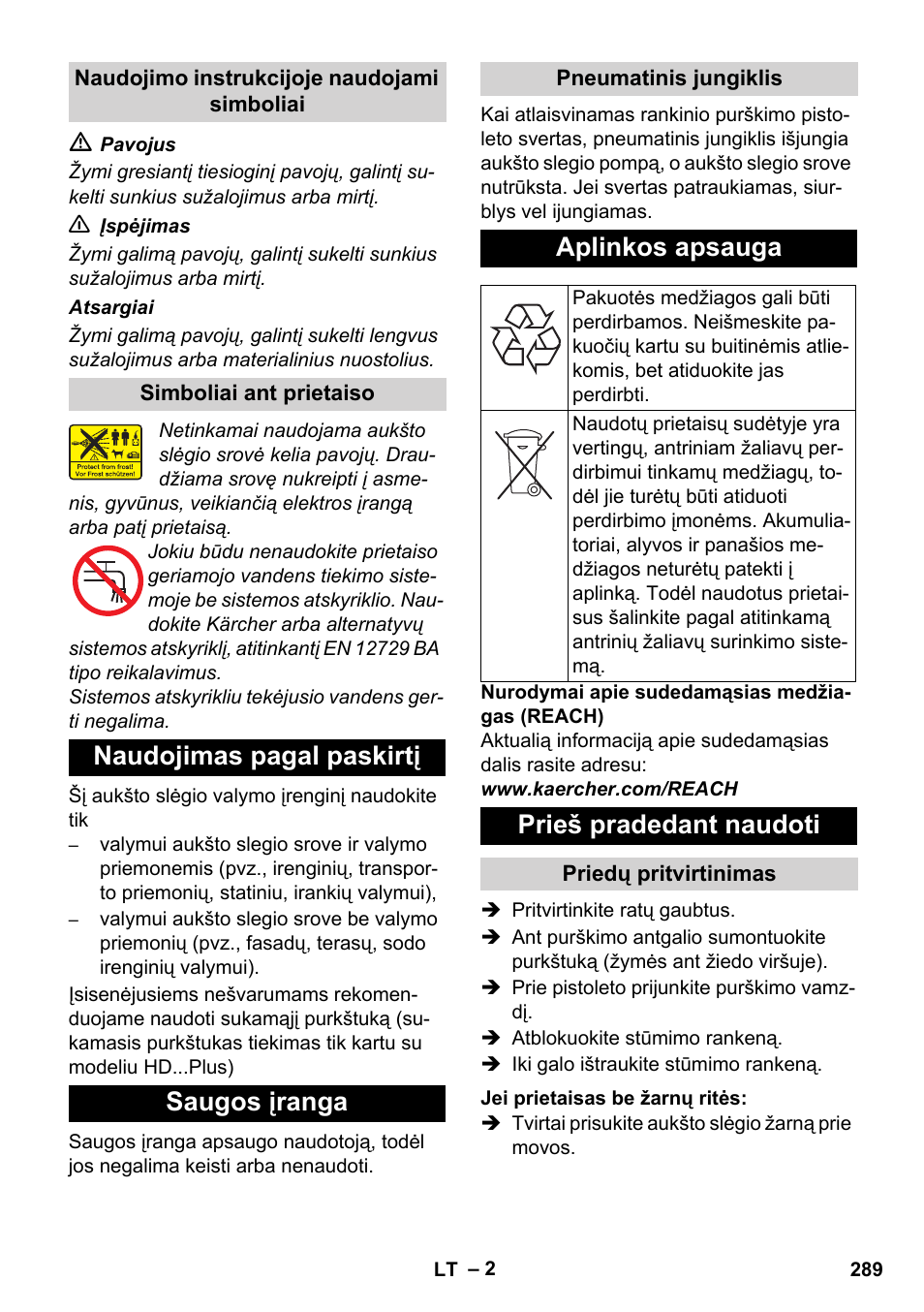 Naudojimas pagal paskirtį saugos įranga, Aplinkos apsauga, Prieš pradedant naudoti | Karcher HD 5-12 C User Manual | Page 289 / 340