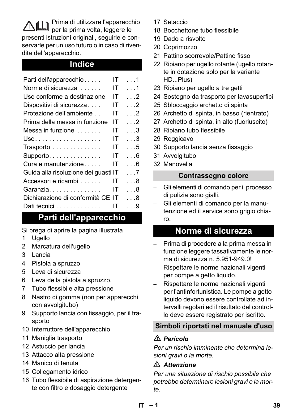 Italiano, Indice, Parti dell'apparecchio | Norme di sicurezza | Karcher HD 5-12 C User Manual | Page 39 / 340