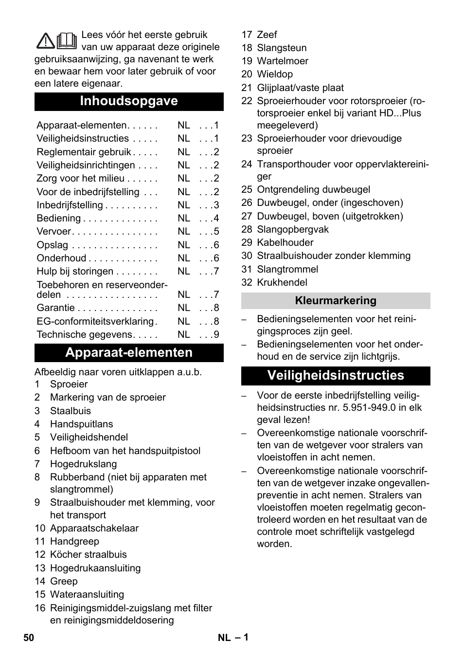 Nederlands, Inhoudsopgave, Apparaat-elementen | Veiligheidsinstructies | Karcher HD 5-12 C User Manual | Page 50 / 340