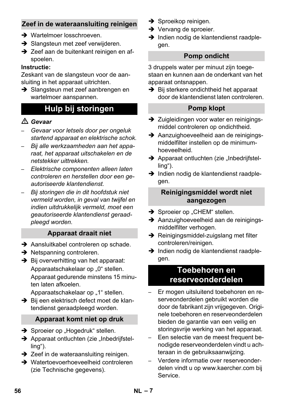 Hulp bij storingen, Toebehoren en reserveonderdelen | Karcher HD 5-12 C User Manual | Page 56 / 340