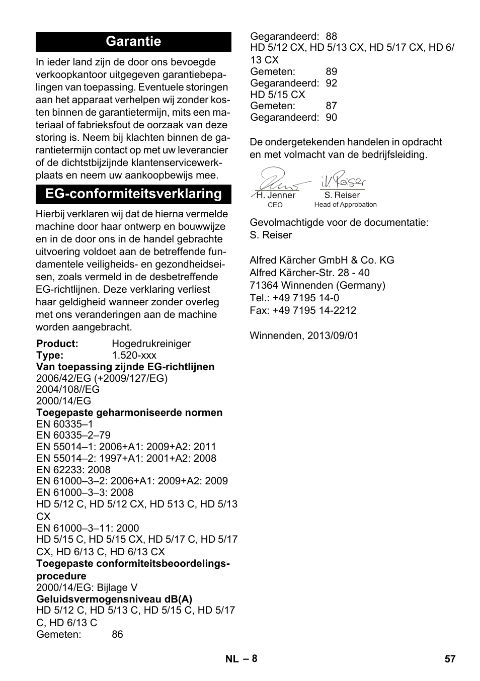 Garantie eg-conformiteitsverklaring | Karcher HD 5-12 C User Manual | Page 57 / 340