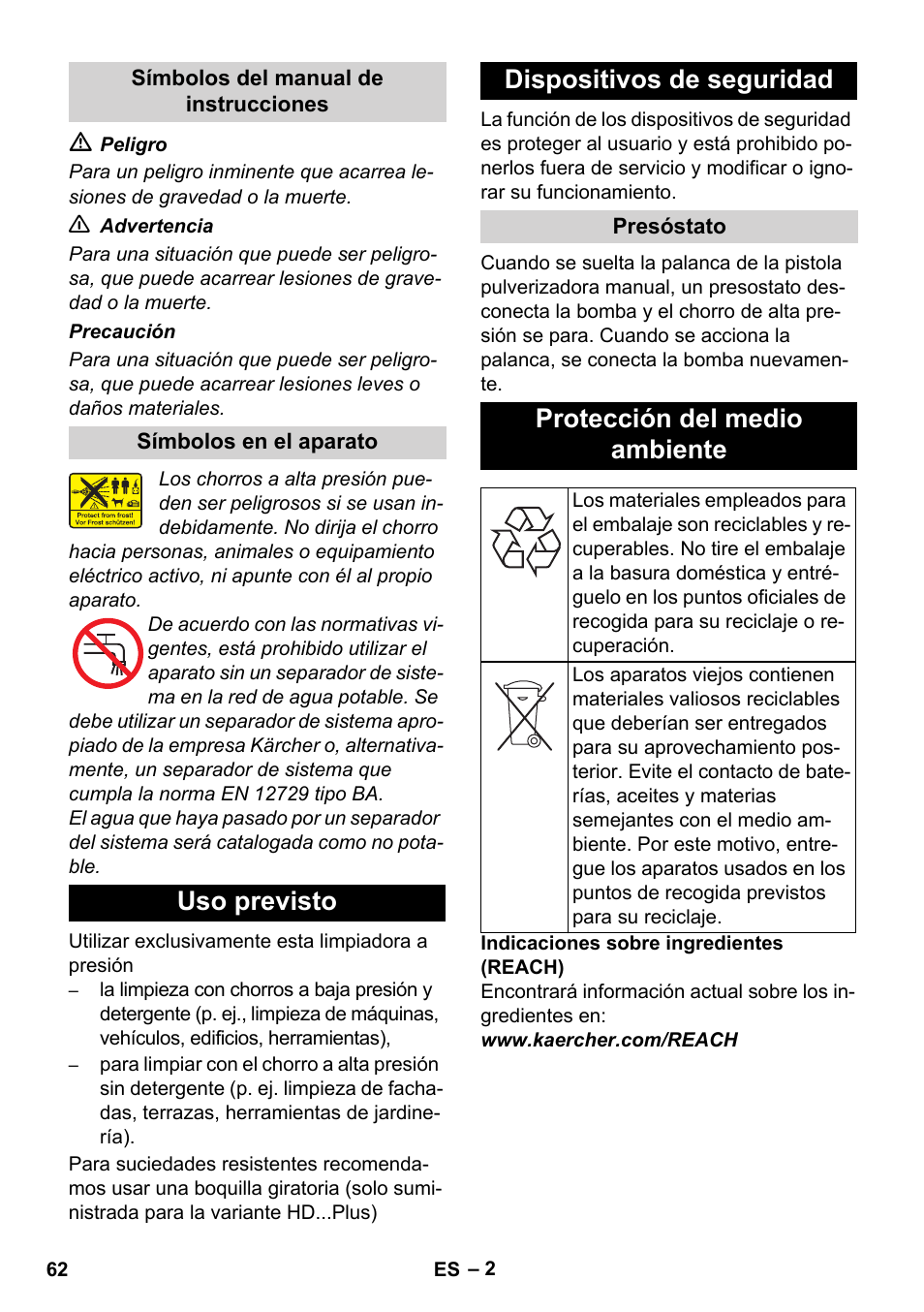 Uso previsto dispositivos de seguridad, Protección del medio ambiente | Karcher HD 5-12 C User Manual | Page 62 / 340