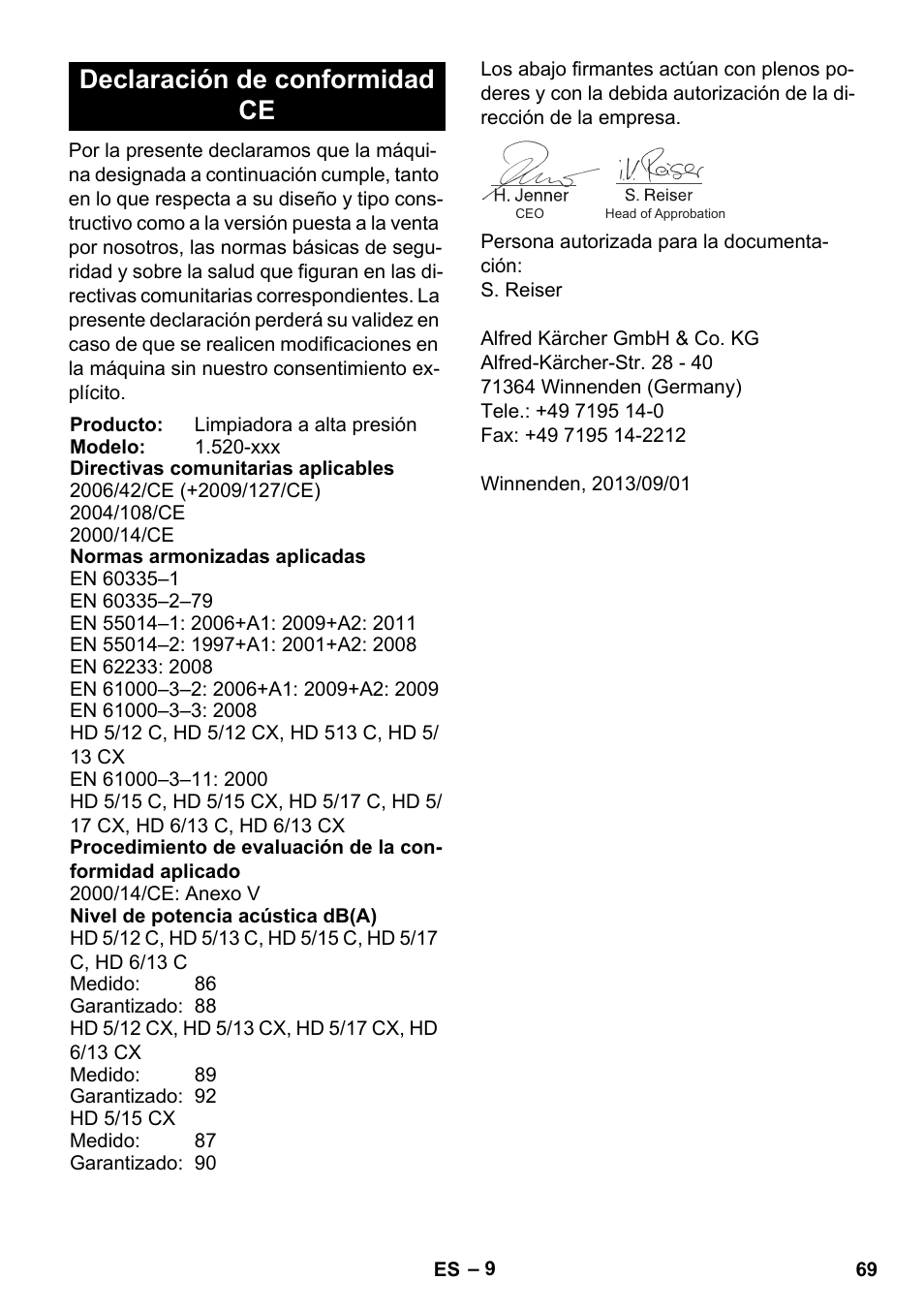 Declaración de conformidad ce | Karcher HD 5-12 C User Manual | Page 69 / 340