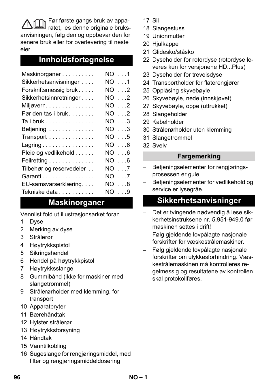 Norsk, Innholdsfortegnelse, Maskinorganer | Sikkerhetsanvisninger | Karcher HD 5-12 C User Manual | Page 96 / 340