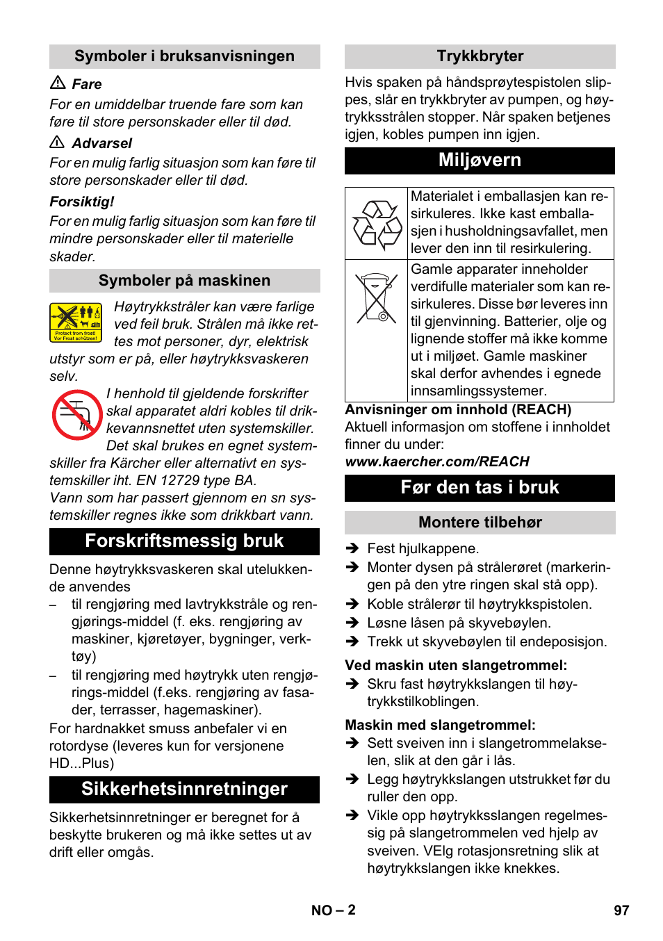 Forskriftsmessig bruk sikkerhetsinnretninger, Miljøvern, Før den tas i bruk | Karcher HD 5-12 C User Manual | Page 97 / 340