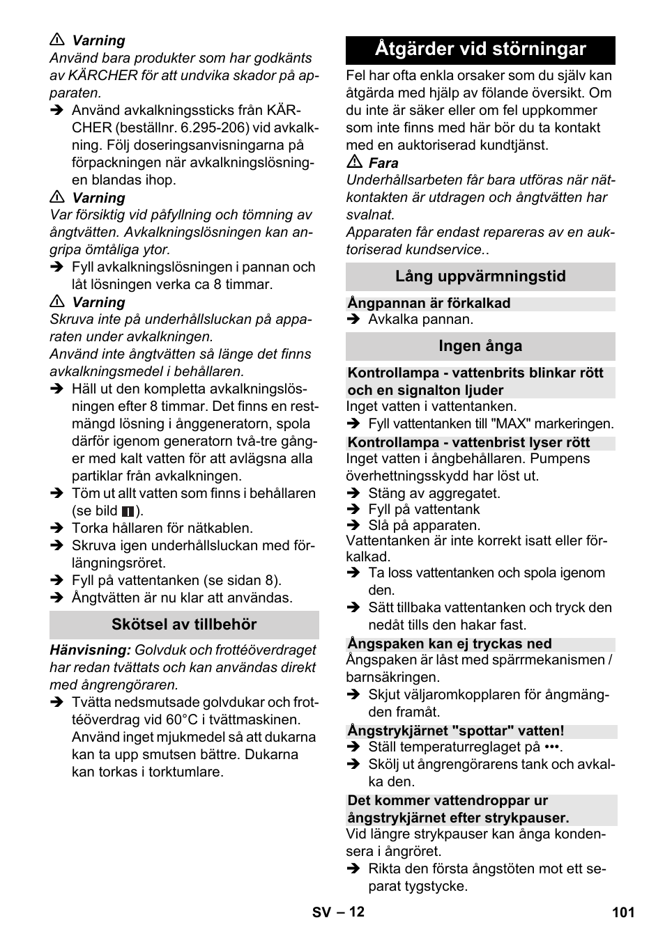 Åtgärder vid störningar | Karcher Stirerie SI 2-600 CB User Manual | Page 101 / 298