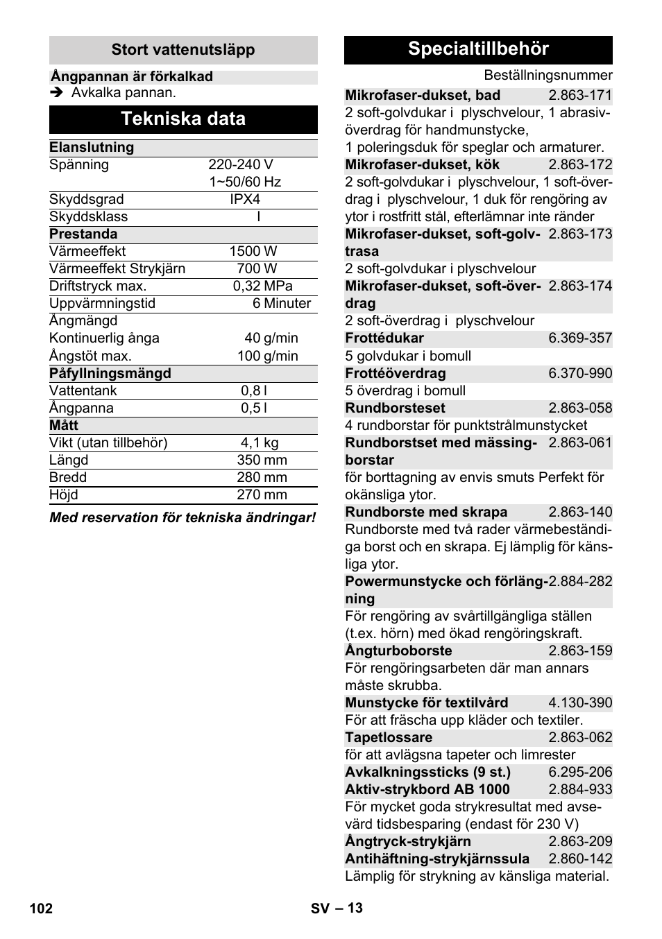 Tekniska data, Specialtillbehör | Karcher Stirerie SI 2-600 CB User Manual | Page 102 / 298