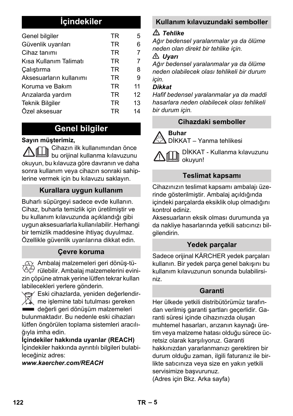 Türkçe, Içindekiler, Genel bilgiler | Karcher Stirerie SI 2-600 CB User Manual | Page 122 / 298