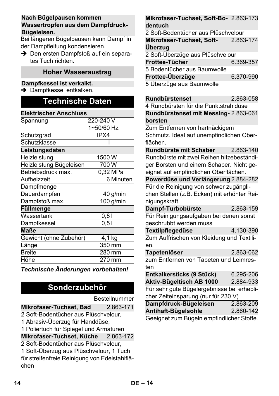 Technische daten, Sonderzubehör | Karcher Stirerie SI 2-600 CB User Manual | Page 14 / 298