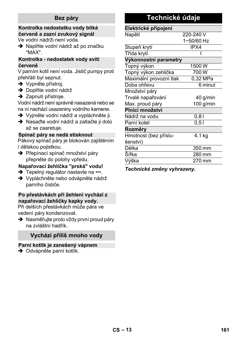 Technické údaje | Karcher Stirerie SI 2-600 CB User Manual | Page 161 / 298