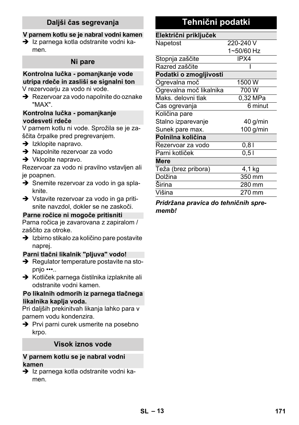 Tehnični podatki | Karcher Stirerie SI 2-600 CB User Manual | Page 171 / 298