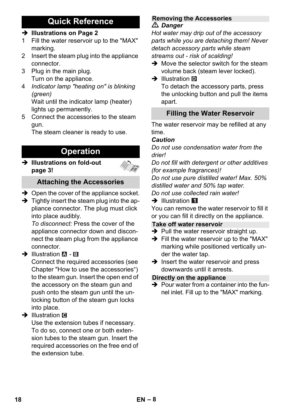 Quick reference operation | Karcher Stirerie SI 2-600 CB User Manual | Page 18 / 298