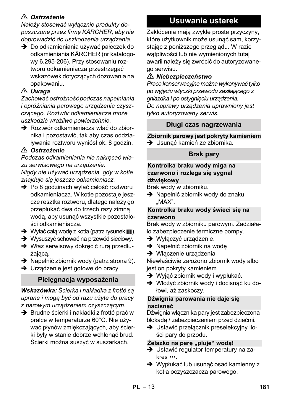 Usuwanie usterek | Karcher Stirerie SI 2-600 CB User Manual | Page 181 / 298