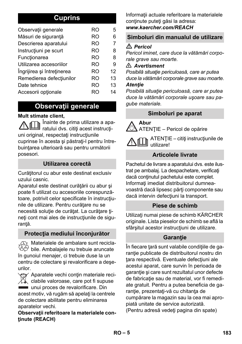 Româneşte, Cuprins, Observaţii generale | Karcher Stirerie SI 2-600 CB User Manual | Page 183 / 298