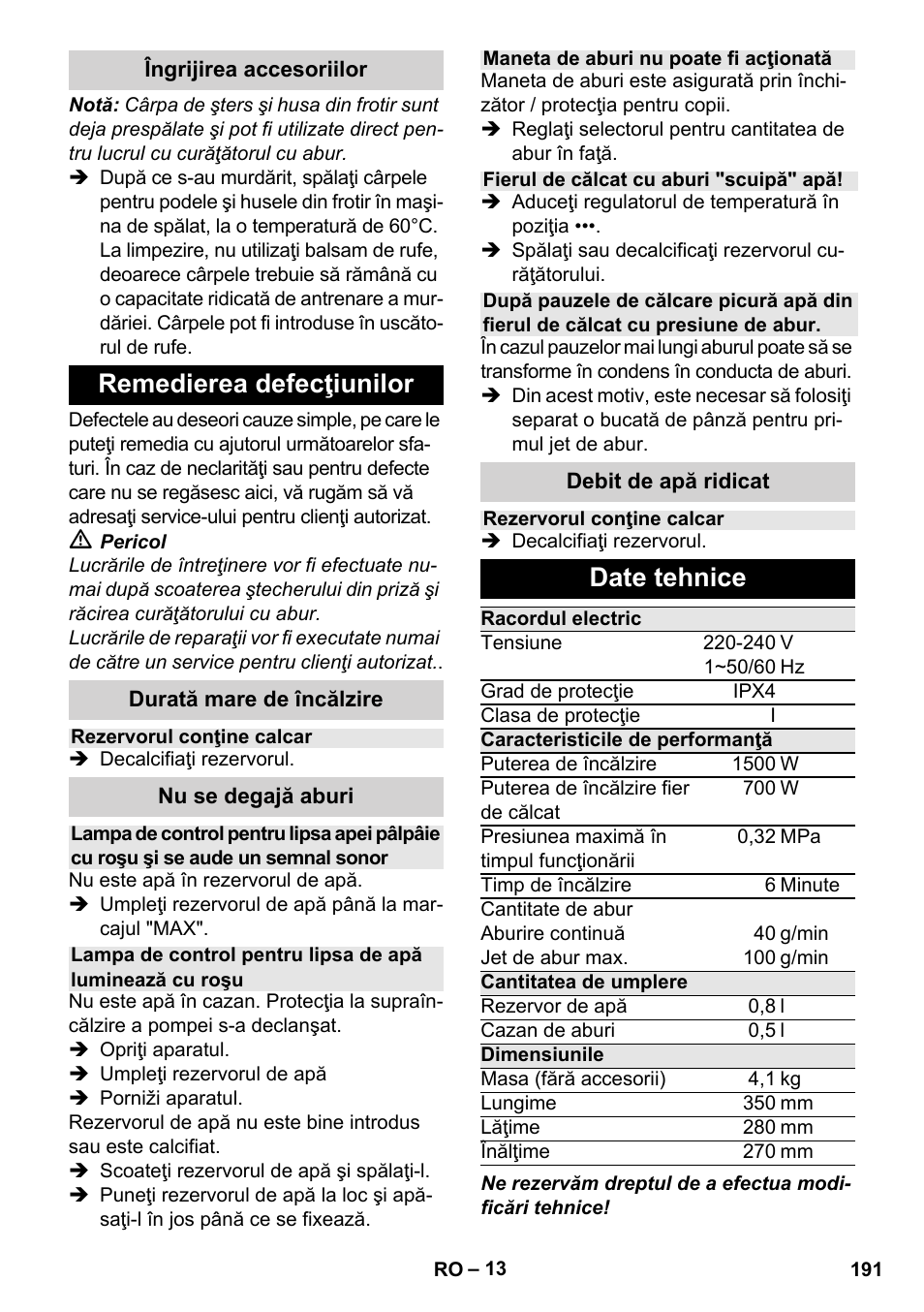 Remedierea defecţiunilor, Date tehnice | Karcher Stirerie SI 2-600 CB User Manual | Page 191 / 298