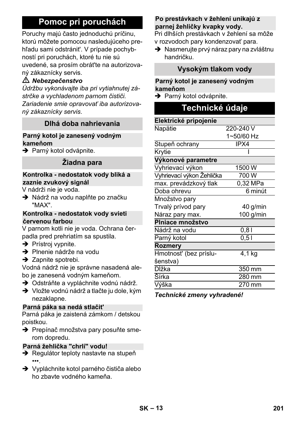 Pomoc pri poruchách, Technické údaje | Karcher Stirerie SI 2-600 CB User Manual | Page 201 / 298