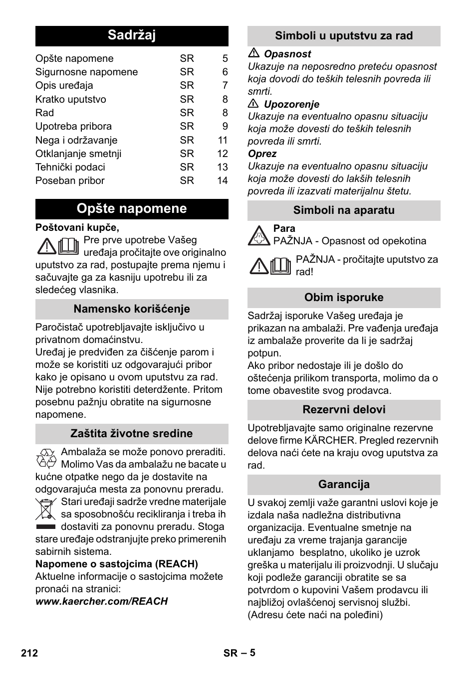 Srpski, Sadržaj, Opšte napomene | Karcher Stirerie SI 2-600 CB User Manual | Page 212 / 298