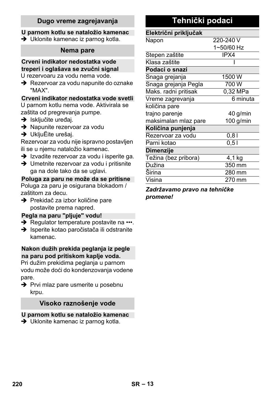 Tehnički podaci | Karcher Stirerie SI 2-600 CB User Manual | Page 220 / 298