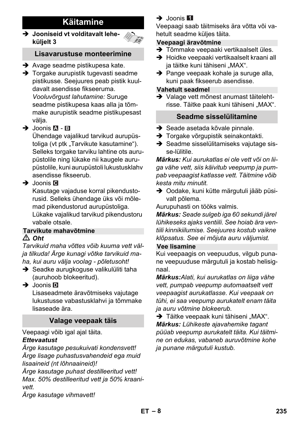 Käitamine | Karcher Stirerie SI 2-600 CB User Manual | Page 235 / 298