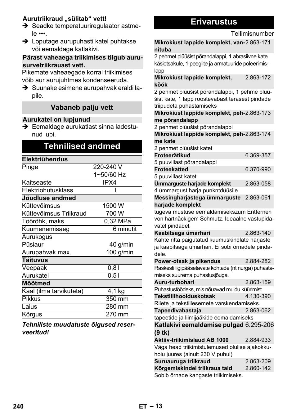Tehnilised andmed, Erivarustus | Karcher Stirerie SI 2-600 CB User Manual | Page 240 / 298