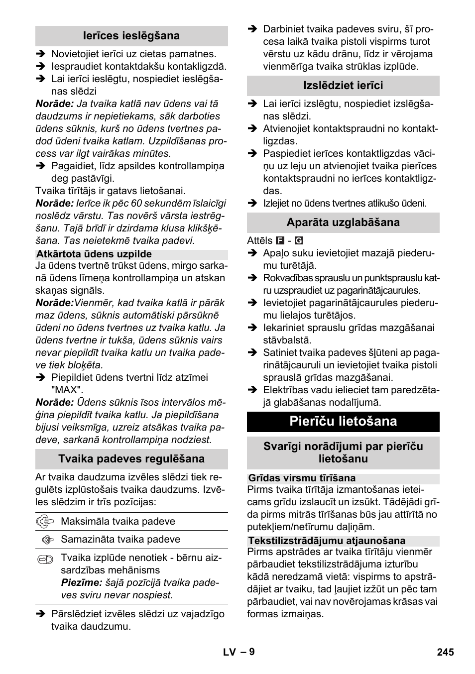 Pierīču lietošana | Karcher Stirerie SI 2-600 CB User Manual | Page 245 / 298