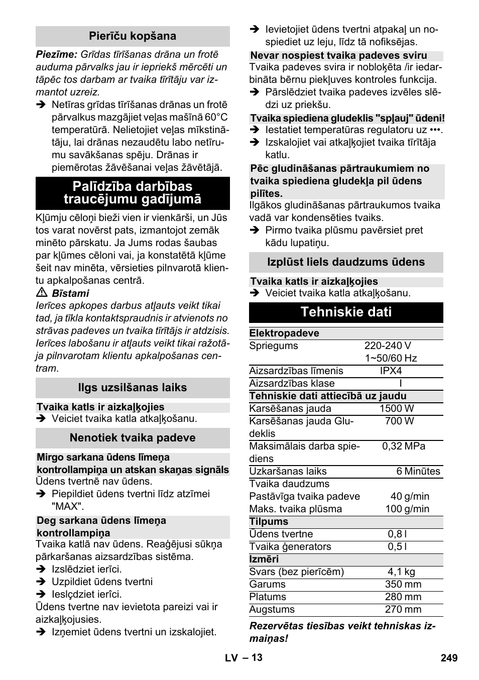 Palīdzība darbības traucējumu gadījumā, Tehniskie dati | Karcher Stirerie SI 2-600 CB User Manual | Page 249 / 298