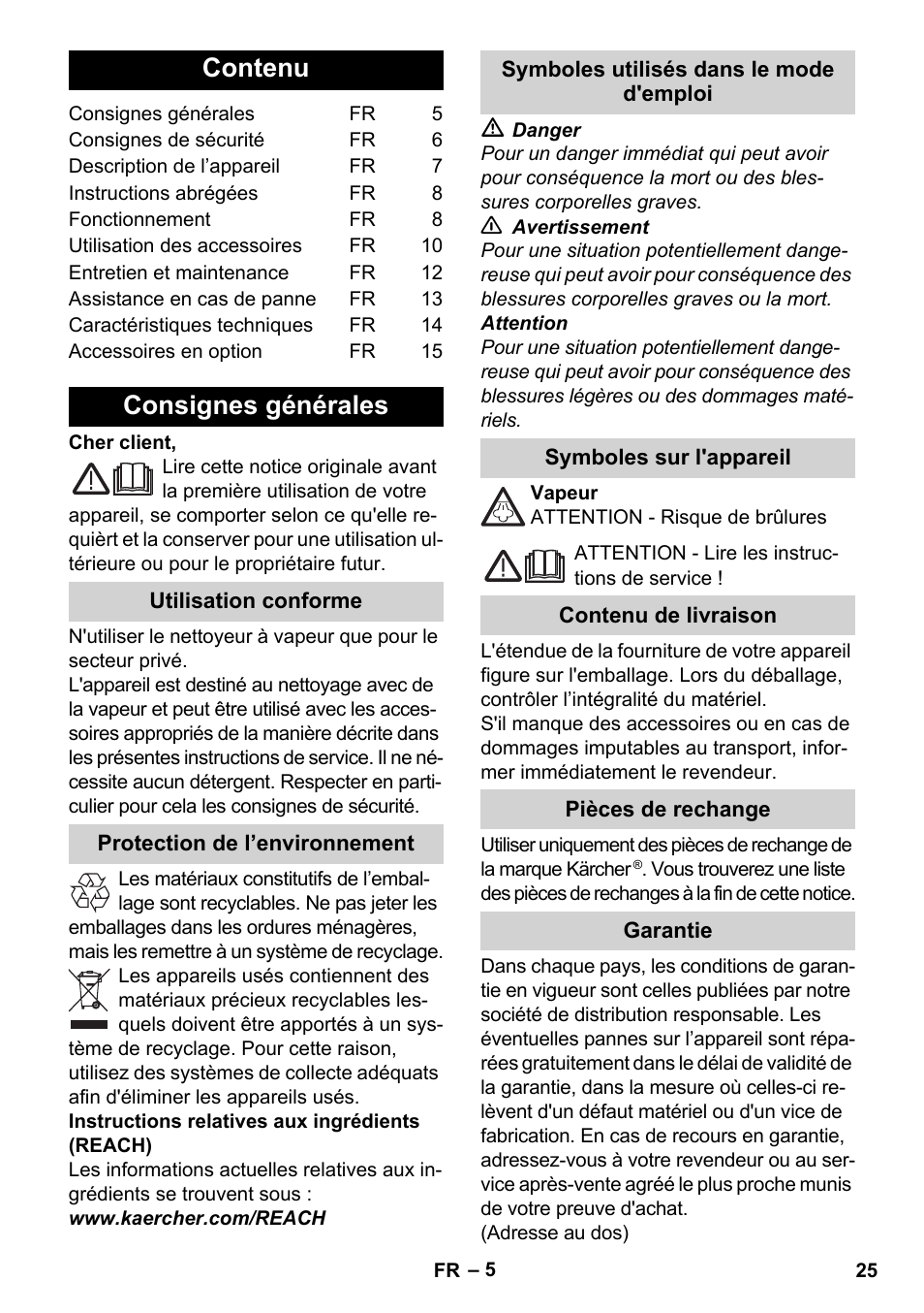 Français, Contenu, Consignes générales | Karcher Stirerie SI 2-600 CB User Manual | Page 25 / 298