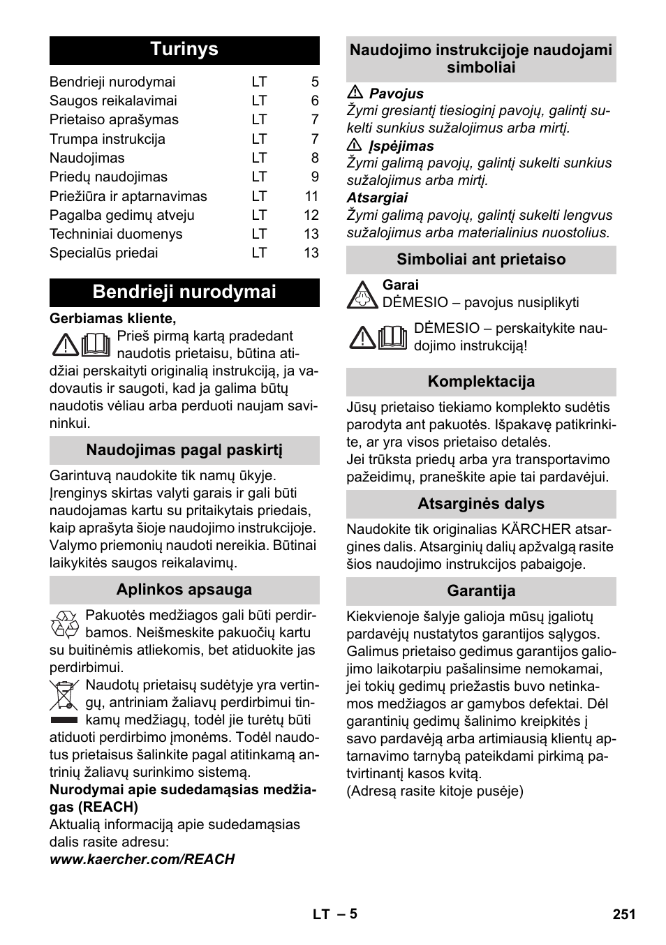 Lietuviškai, Turinys, Bendrieji nurodymai | Karcher Stirerie SI 2-600 CB User Manual | Page 251 / 298