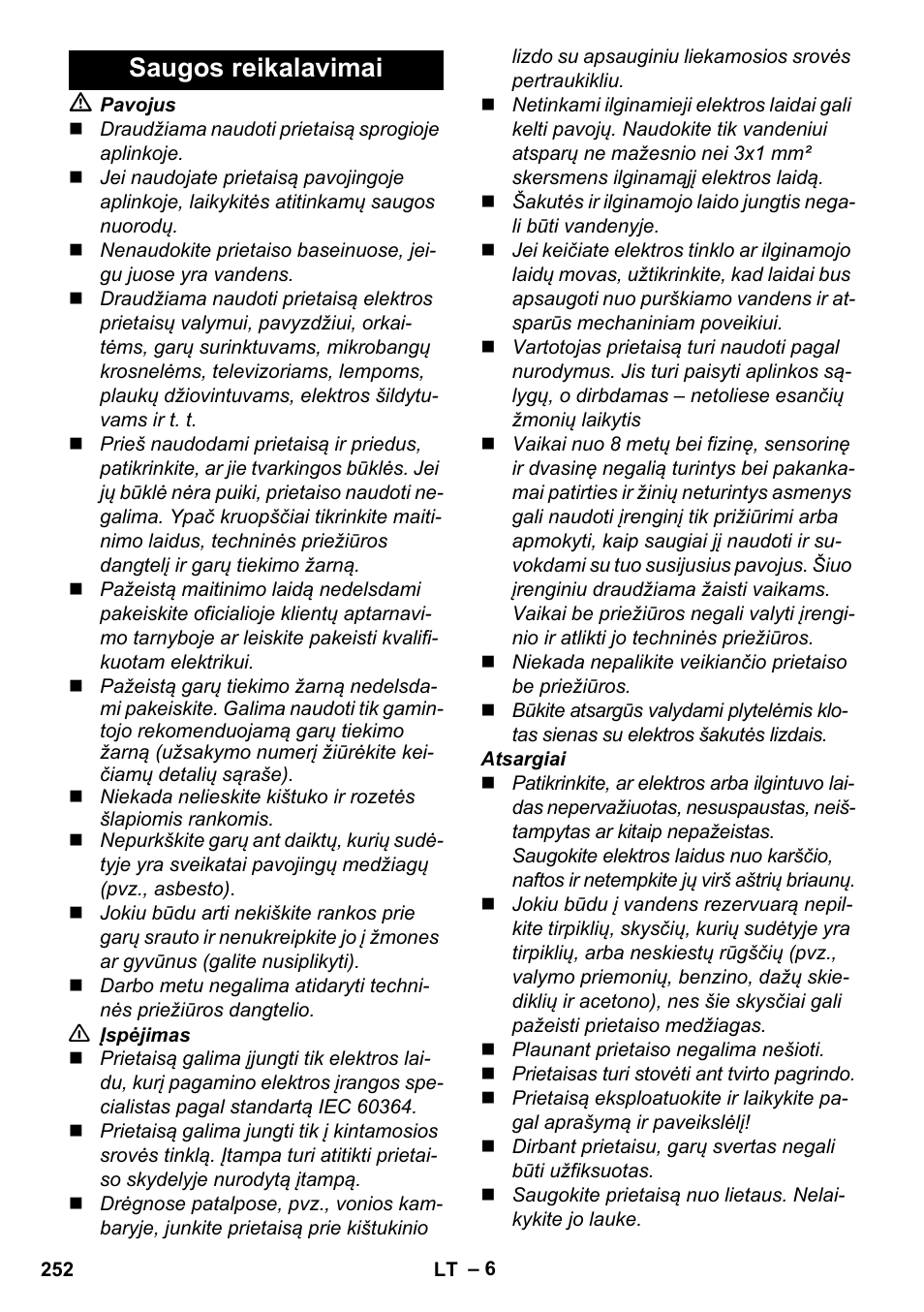 Saugos reikalavimai | Karcher Stirerie SI 2-600 CB User Manual | Page 252 / 298