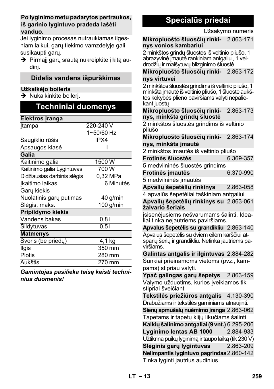 Techniniai duomenys, Specialūs priedai | Karcher Stirerie SI 2-600 CB User Manual | Page 259 / 298